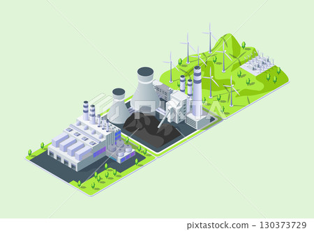 Cartoon Color Windmill, Coal and Garbage Power Plant Industrial Energy Building Concept 3d Isometric View. Vector illustration Cartoon Color Windmill, Coal and Garbage Power Plant Industrial Energy Building Concept 3d Isometric View. Vector illustration 130373729