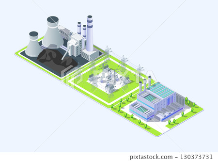 Cartoon Color Coal, Power Plant and Electric Substation Industrial Energy Building Concept 3d Isometric View. Vector illustration 130373731