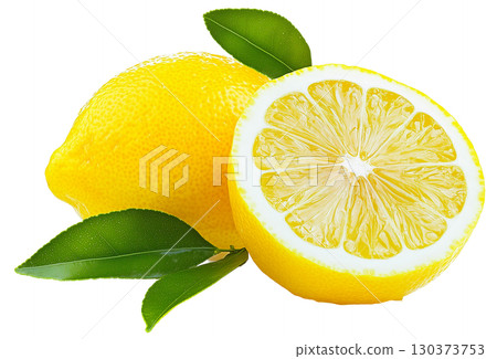 Lemon fruit with leaf isolated on white background transparent PNG clipart. 130373753