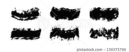 Halftone grunge brush stroke collection. Rough dotted grainy dirty stripe set. Vector pop art paint stain pack. Gritty distressed elements for text box, banner, poster, badge, collage, frame, border 130373798
