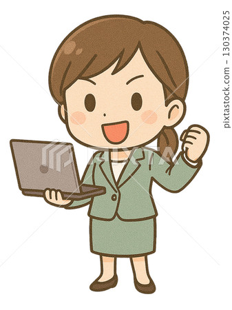 一位女工程師一手拿著筆記型電腦，一手握拳 130374025