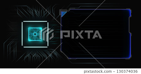 A futuristic digital design showcases a glowing microchip set against a dark circuit board background. A blank area is provided for text or graphics. 130374036