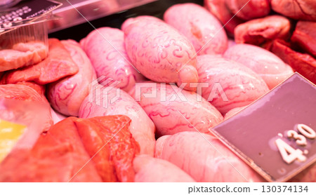 Raw lamb testicles on store counter Raw lamb testicles on store counter 130374134