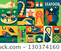 Seamless seafood pattern, fish, crab, shrimp, lobster, sushi, seaweed. Geometric mosaic style supermarket design in a vector illustration 130374160
