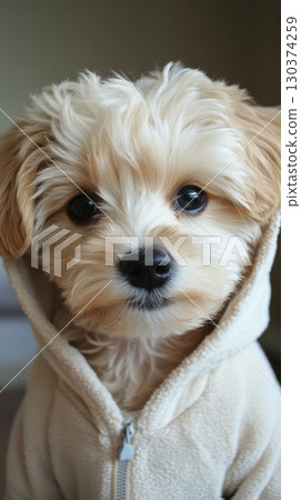 Cute puppy wearing a cozy hoodie 130374259