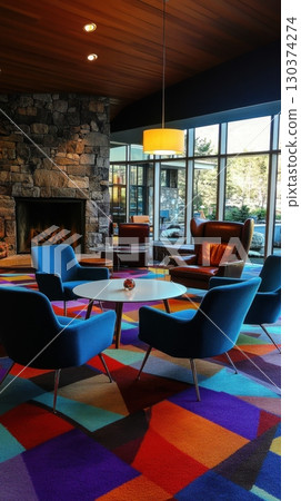 Colorful, cozy lounge with fire Colorful, cozy lounge with fire 130374274