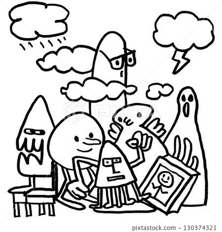 Coloring book page with transparency featuring quirky cartoon characters and expressive clouds Coloring book page with transparency featuring quirky cartoon characters and expressive clouds 130374321