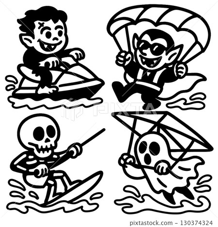 Coloring book page with transparency featuring vampire skeleton ghost cartoon water sport 130374324