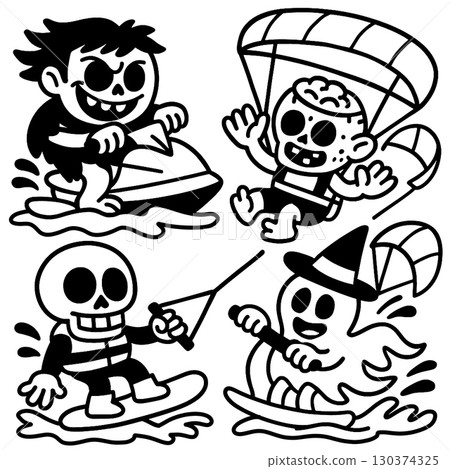 Coloring book page with skeletons and ghost enjoying water sports with transparency effect 130374325