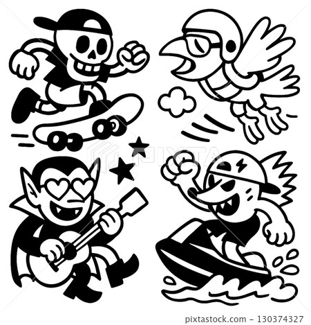 Coloring book page with transparency featuring cartoon skateboarder bird vampire and jet ski 130374327