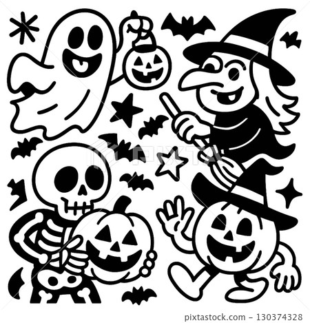 Coloring book page with transparency featuring ghost witch skeleton pumpkin and bats Coloring book page with transparency featuring ghost witch skeleton pumpkin and bats 130374328