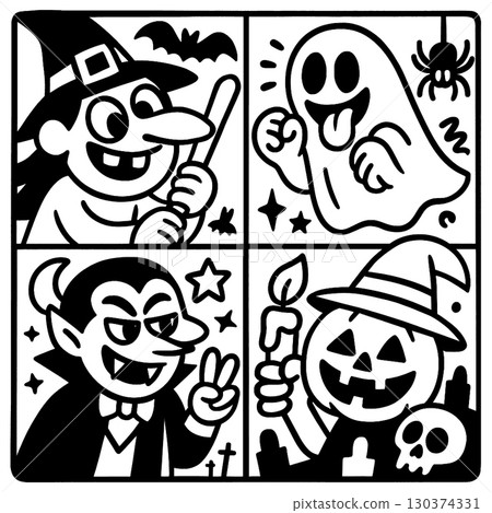 Coloring book page with transparency featuring witch ghost vampire pumpkin in fun Halloween style Coloring book page with transparency featuring witch ghost vampire pumpkin in fun Halloween style 130374331