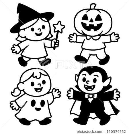 Coloring book page with transparency featuring happy children witch ghost pumpkin and vampire 130374332