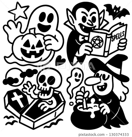 Coloring book page with transparency features happy ghost pumpkin vampire witch skeleton coffin 130374333