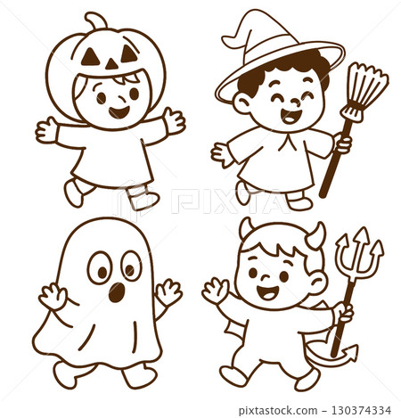 Coloring book page with transparency featuring children in Halloween costumes joyful expression 130374334