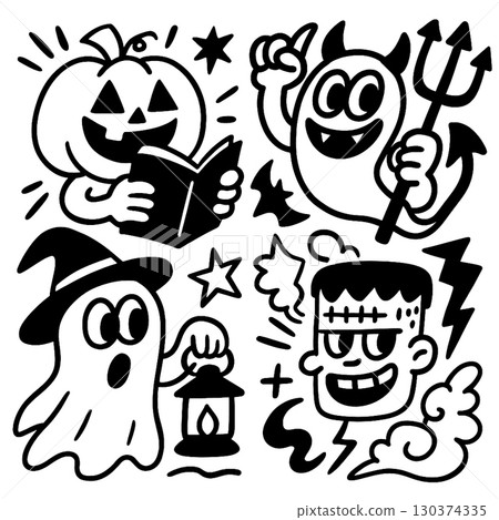 Coloring book page with transparency featuring pumpkin ghost devil and monster in fun style 130374335