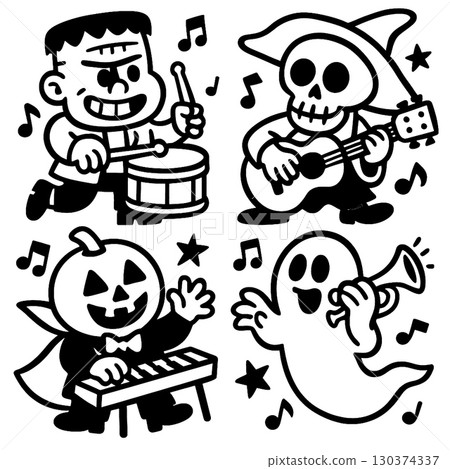 Coloring book page with transparency featuring happy Halloween characters playing musical 130374337