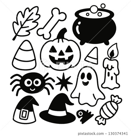 Coloring book page with Halloween transparency including pumpkin ghost spider witch hat and candy Coloring book page with Halloween transparency including pumpkin ghost spider witch hat and candy 130374341