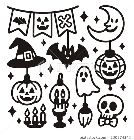 Halloween coloring book page with transparency features bat, pumpkin, ghost, skull, and moon Halloween coloring book page with transparency features bat, pumpkin, ghost, skull, and moon 130374343