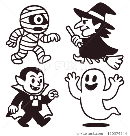 Coloring book page with transparency featuring mummy witch vampire ghost in playful cartoon style 130374344