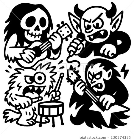 Coloring book page featuring transparency with monster band playing music in energetic style Coloring book page featuring transparency with monster band playing music in energetic style 130374355