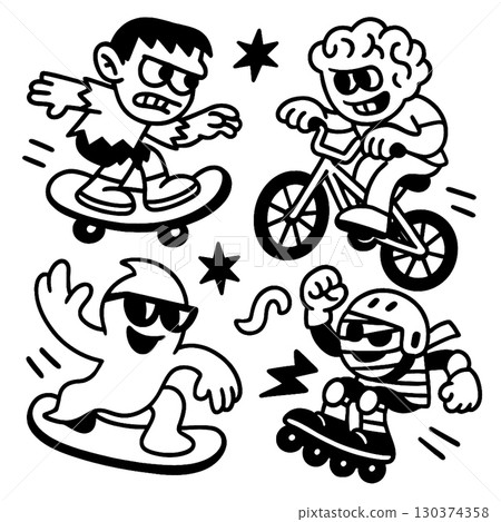 Coloring book page with transparency featuring kids skateboarding biking surfing 130374358