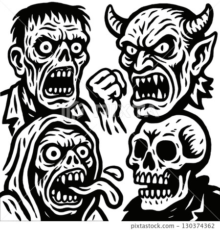 Coloring book page featuring transparency with scary zombie demon skull monster faces 130374362