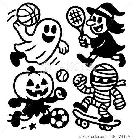 Coloring book coloring page transparency features ghost witch pumpkin mummy playing sports Coloring book coloring page transparency features ghost witch pumpkin mummy playing sports 130374369