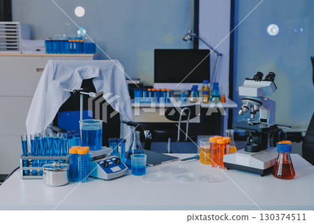 Collaboration, tablet or science with people in lab together for research or development. Innovation, tech and microscope with scientist team in clinical trial for planning or medical investigation 130374511
