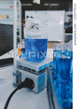 Collaboration, tablet or science with people in lab together for research or development. Innovation, tech and microscope with scientist team in clinical trial for planning or medical investigation 130374515