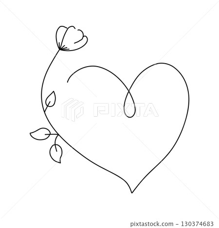 Heart with flower continuous line elegant frame, border, contour sketch hand drawn decoration, romantic line art.  130374683