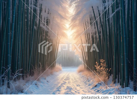 Snow-Draped Bamboo Forest in Winter 130374757