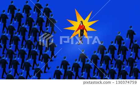 Creative collage. Woman in red standing against crowd of identical silhouettes collage as individuality protest 130374759