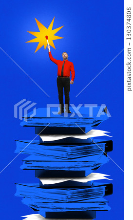 Bold colorful poster. Man standing on giant stack of documents collage reaching for star of freedom Bold colorful poster. Man standing on giant stack of documents collage reaching for star of freedom 130374808