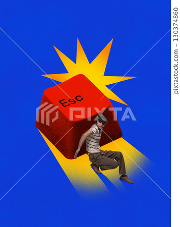 Graphic collage. Man trapped under giant red escape key collage as metaphor of control and confinement Graphic collage. Man trapped under giant red escape key collage as metaphor of control and confinement 130374860