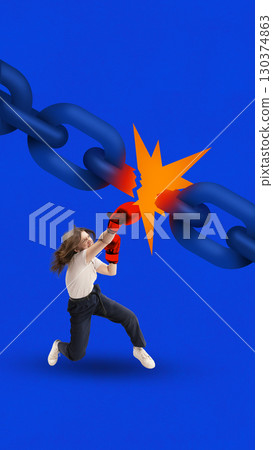 Contemporary artwork. Woman punching chain with red boxing gloves in symbol of breaking oppression 130374863