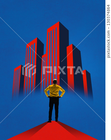 Minimalist collage. Man standing before giant skyscrapers as symbol of corporate power and dominance 130374864