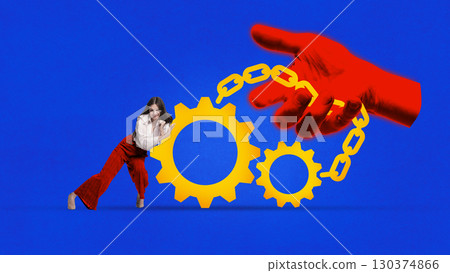 Graphic composition. Woman pulling giant cogwheel against red hand in system resistance metaphor 130374866