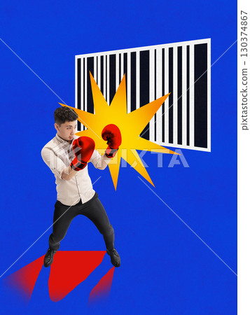 Creative collage. Boxer fighting barcode as symbol of consumerism and corporate control 130374867