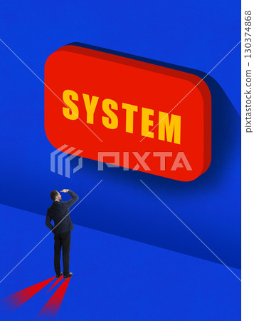 Contemporary collage. Man facing giant red System button as symbol of faceless authority Contemporary collage. Man facing giant red System button as symbol of faceless authority 130374868