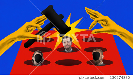 Creative collage. Man targeted by giant hammer in whack-a-mole metaphor of corporate control Creative collage. Man targeted by giant hammer in whack-a-mole metaphor of corporate control 130374880