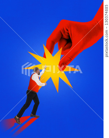 Contemporary composition. Small man resisting giant red hand of control with determination 130374885