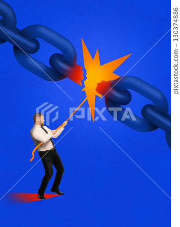Minimalist collage. Man breaking giant chain link as symbol of freedom and resistance Minimalist collage. Man breaking giant chain link as symbol of freedom and resistance 130374886