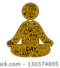 Are You OK wording composes seated figure in zen pose, zen form filled with gold and edged in black type, zen composition rests on white field, soft shadow grounds shape and adds gentle balance 130374895