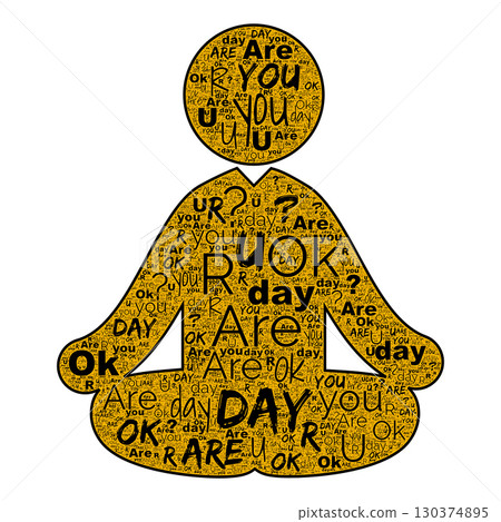 Are You OK wording composes seated figure in zen pose, zen form filled with gold and edged in black type, zen composition rests on white field, soft shadow grounds shape and adds gentle balance 130374895