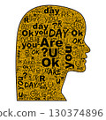 Golden Are You OK typography forms round head profile, profile contour crisp on white space, profile built from stacked black words, soft shadow suggests calm tone and attentive listening energy 130374896