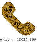 Telephone handset silhouette formed by Are you OK text in gold, letters align along curved shape, white background keeps lines clear, soft shadow adds volume and suggests friendly contact and care 130374899