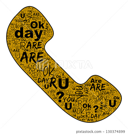 Telephone handset silhouette formed by Are you OK text in gold, letters align along curved shape, white background keeps lines clear, soft shadow adds volume and suggests friendly contact and care 130374899