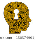 Human head with keyhole shaped by Are you OK word cloud in gold, typography defines profile and lock symbol, clean outline on white, soft shading suggests curiosity, privacy, mindful check in mood 130374901