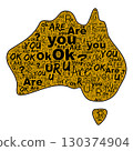 Australia map silhouette built from Are you OK phrases in gold, dense word pattern with black letters, crisp edges outline continent, minimal white field sets clear shape and typographic rhythm 130374904